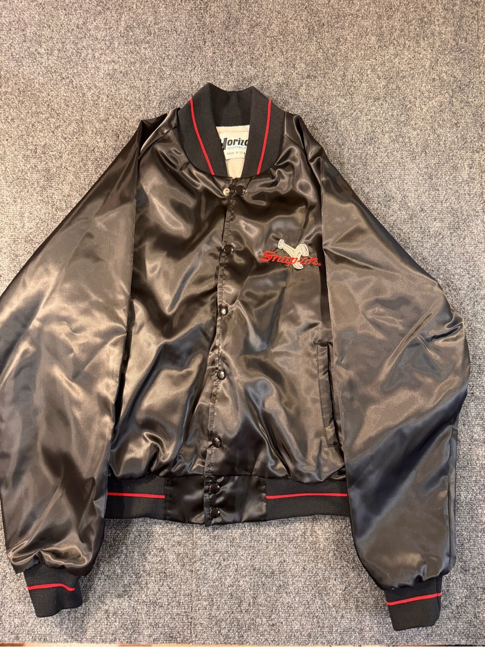 Snap-on Black Satin Bomber Jacket with Red Trim
